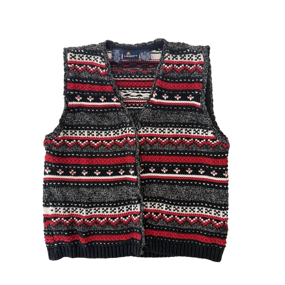 Vintage 90s Lizsport Knit Sweater Vest Women Medium Classic Fisherman Fair Isle